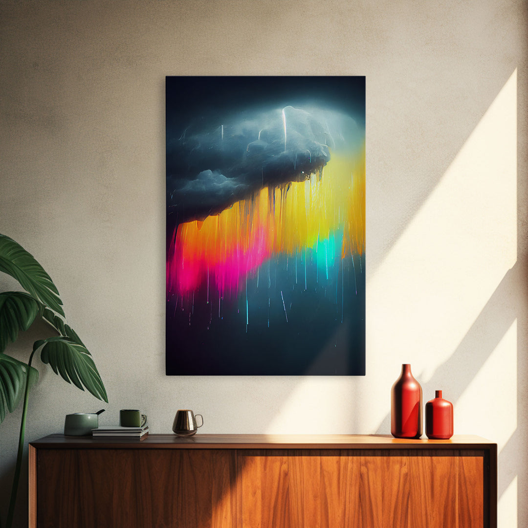 Rainbow In A Rain Cloud, Abstract Art Canvas Print, Lightning, Rain, Stormy Rainbow, Cool Wall Art, Colorful Wall Decor, Neon Rain Cloud