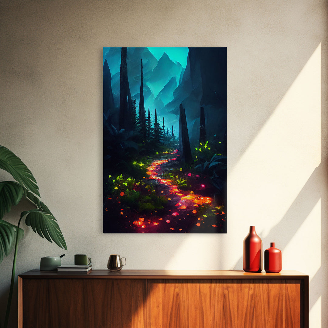 Luminescent magical forest canvas print, glowing trail though the trees, fantasy art