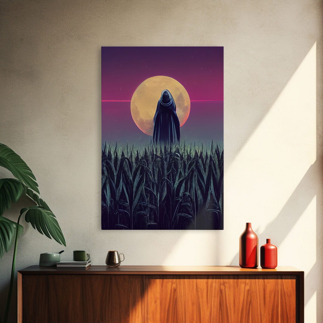 Spooky scarecrow in a corn field canvas print, full moon, Halloween art, scary art