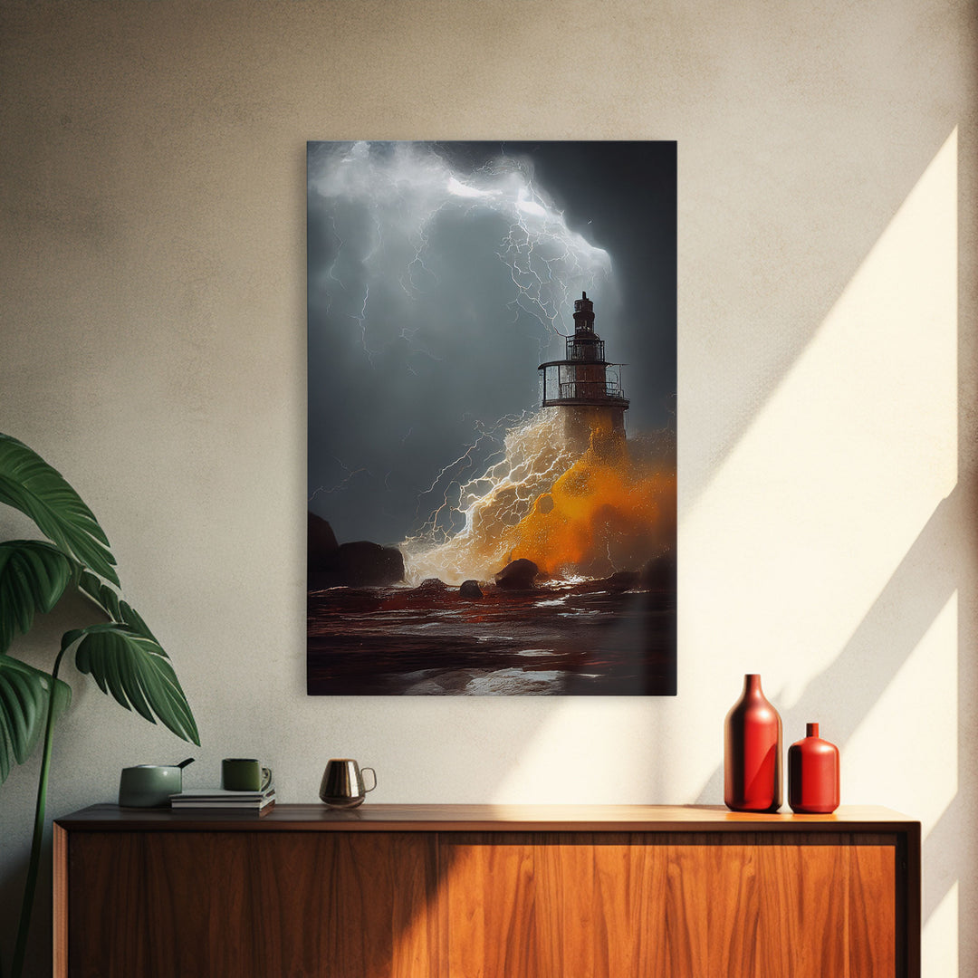 Lighthouse Oil Painting Canvas Print, Light house landscape print, Lighthouse in a storm with lightning and thunder, waves crashing