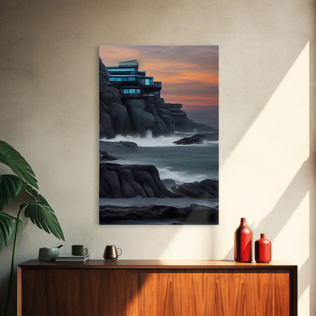 Midcentury modern house on a cliff, seaside home wall art, canvas print