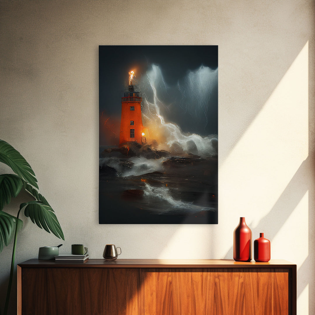 Lighthouse Oil Painting Canvas Print, Light house in a hurricane, dark stormy night, waves crashing