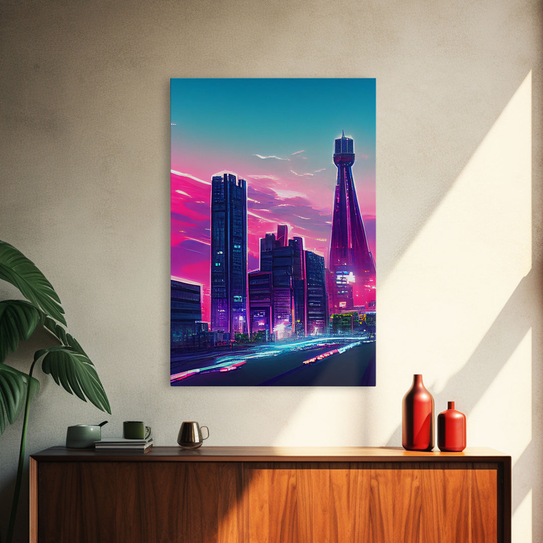 Vaporwave aesthetic wall art, cyberpunk city poster art, cool living room art, synthwave wall art, retro 80s style cyberpunk fine art print