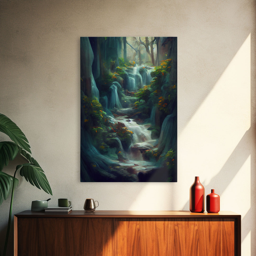 Waterfall painting canvas print, fantasy wall art, watercolor print, high fantasy, nature landscape wall art for living room