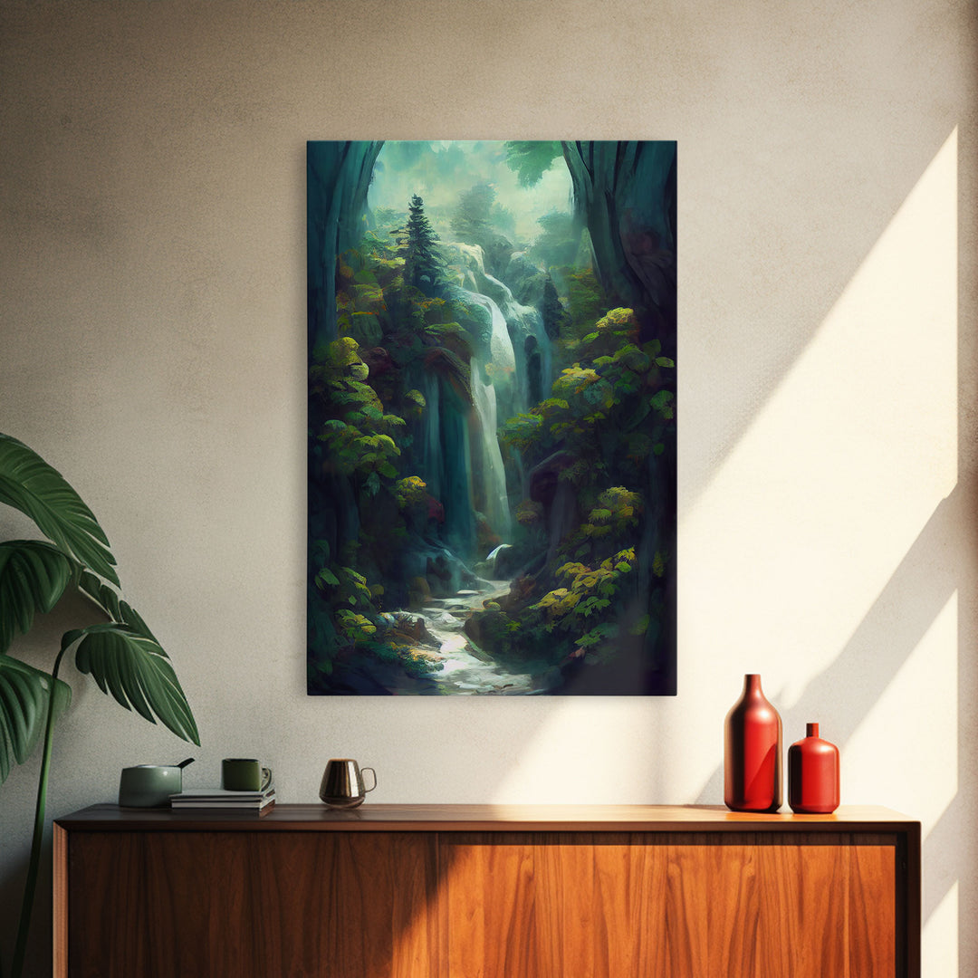 Waterfall canvas print, fantasy wall art, watercolor print, high fantasy, nature landscape living room wall art