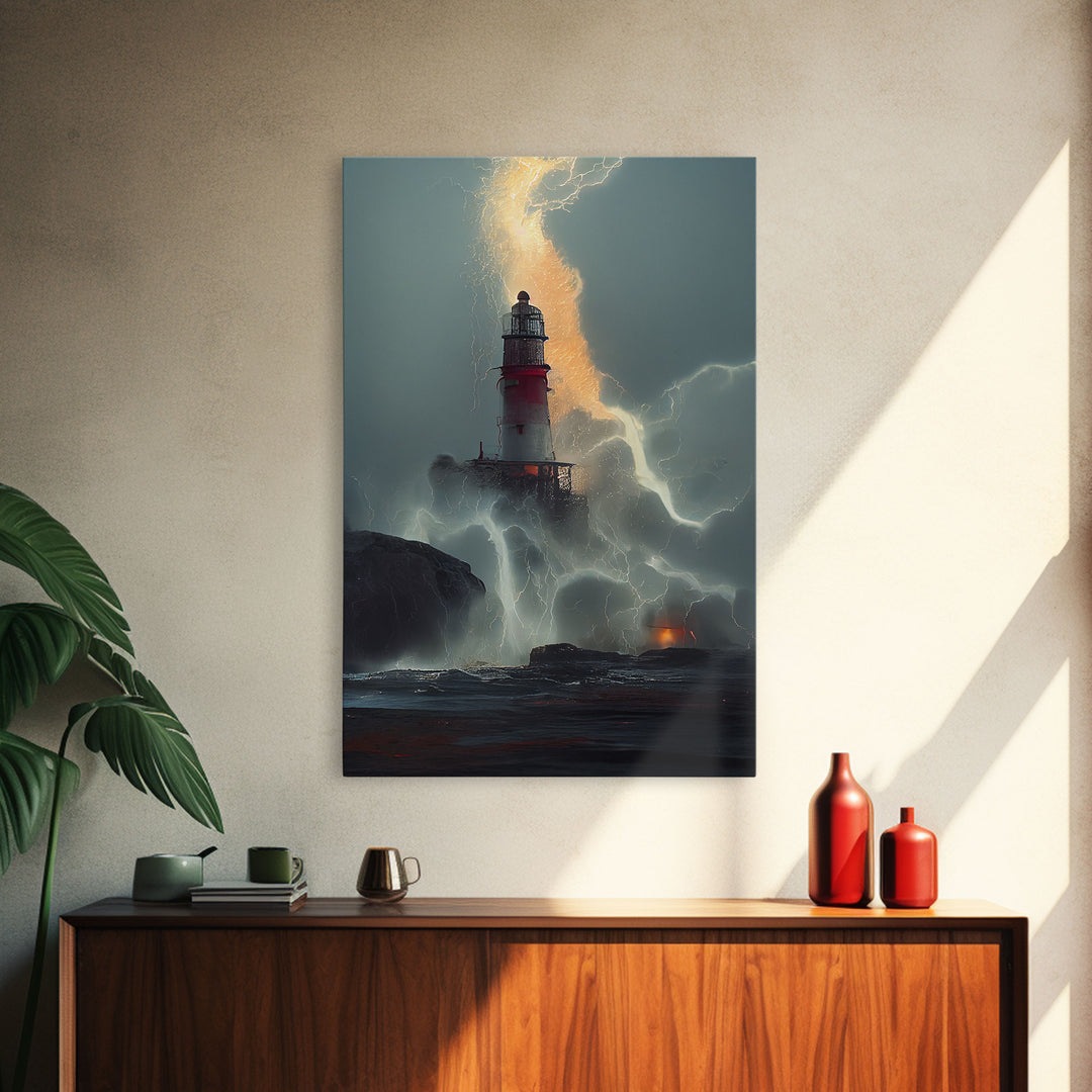 Lighthouse Oil Painting Canvas Print, Lightning striking a lighthouse during a dark stormy night, gloomy wall art