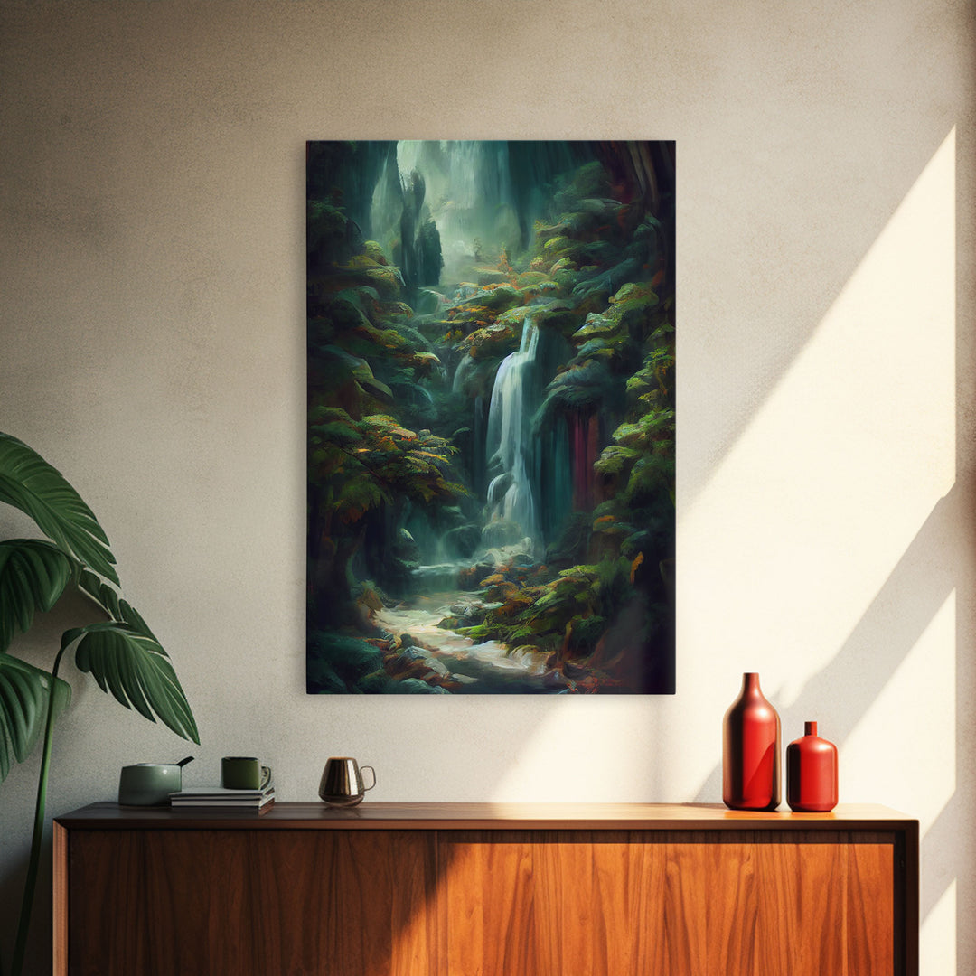 Waterfall in the forest canvas print, fantasy wall art, watercolor print, high fantasy, nature landscape living room wall art