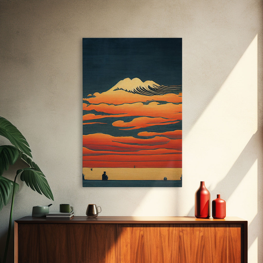 Retro Japanese style wall art, sunrise over the mountains, canvas print, woodblock print style art, Hokusai vintage style wall art