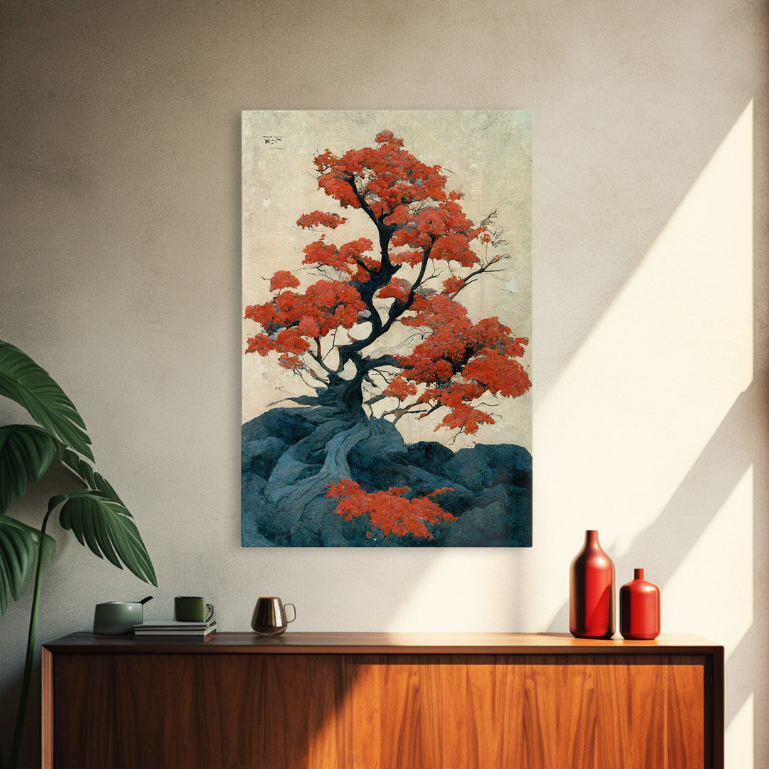 Japanese maple tree canvas print, vintage style wall art, woodblock print style wall art