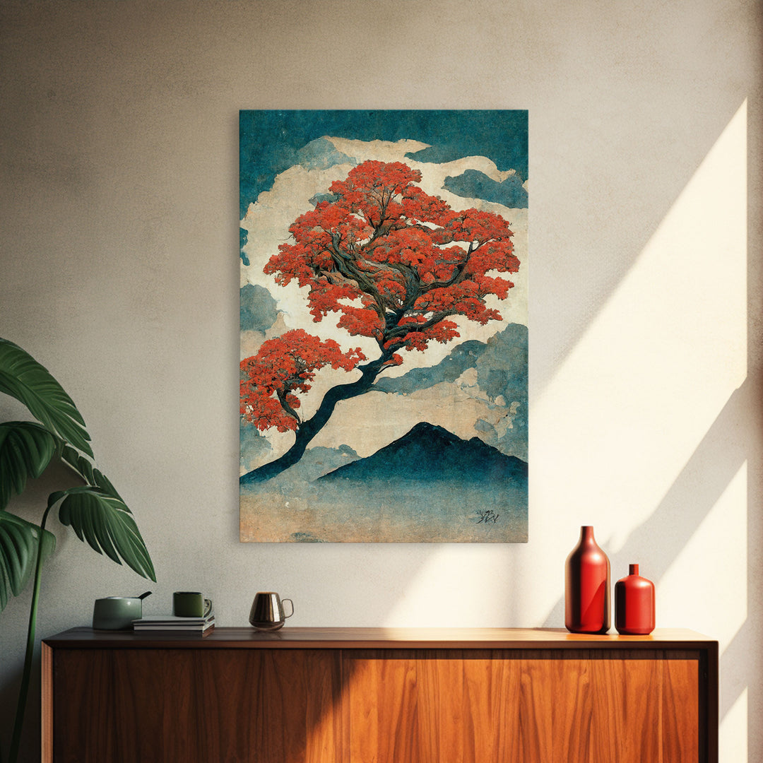 Japanese maple tree canvas print, vintage style wall art, woodblock print style wall art, unique abstract wall art, tree art