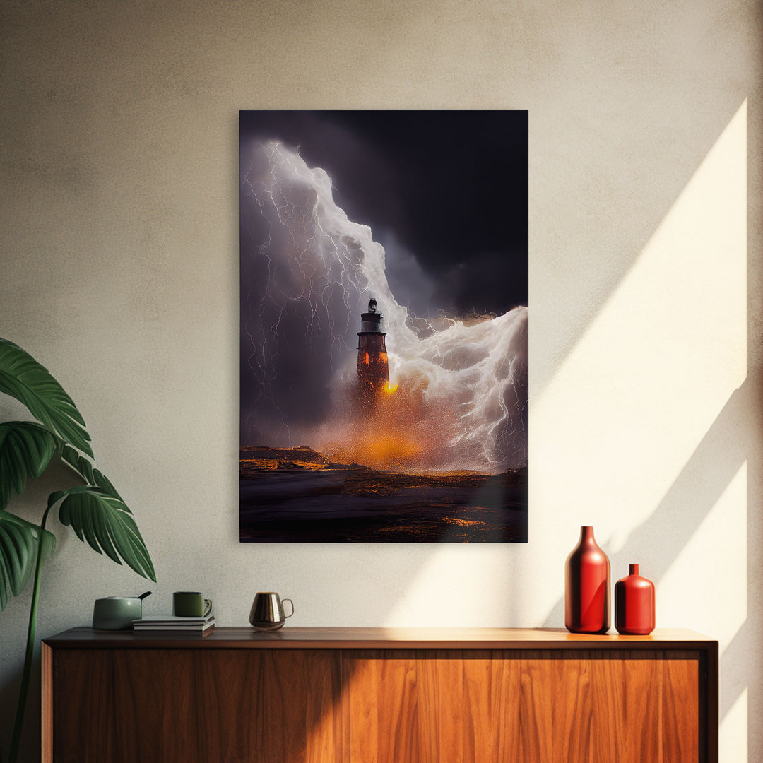 Lightning striking a burning lighthouse, canvas print, oil painting style, dark and gloomy wall art