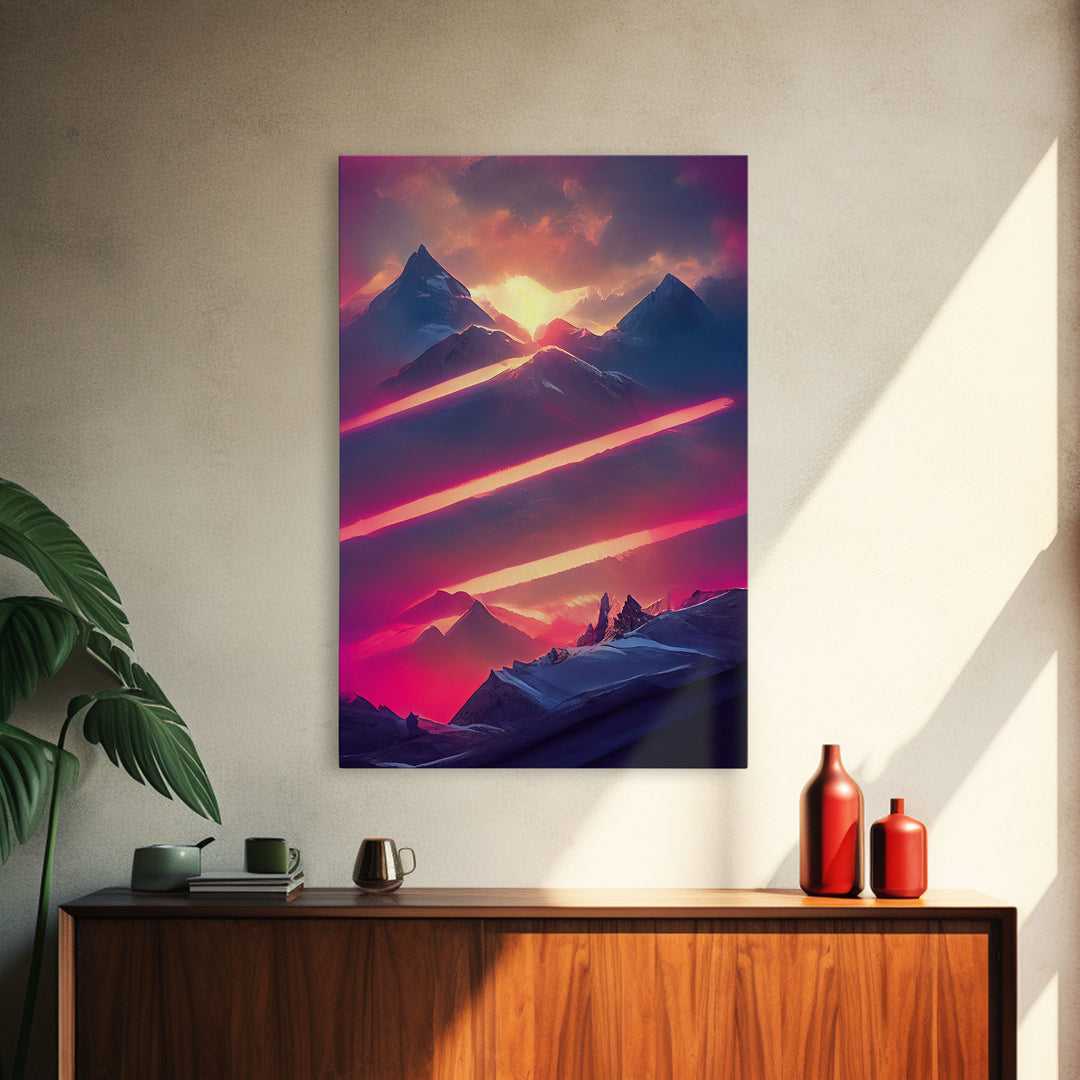 Vaporwave Mountain Landscape Canvas Print, Synthwave Landscape Art, Beautiful sunset in the mountains wall art, cool wall art