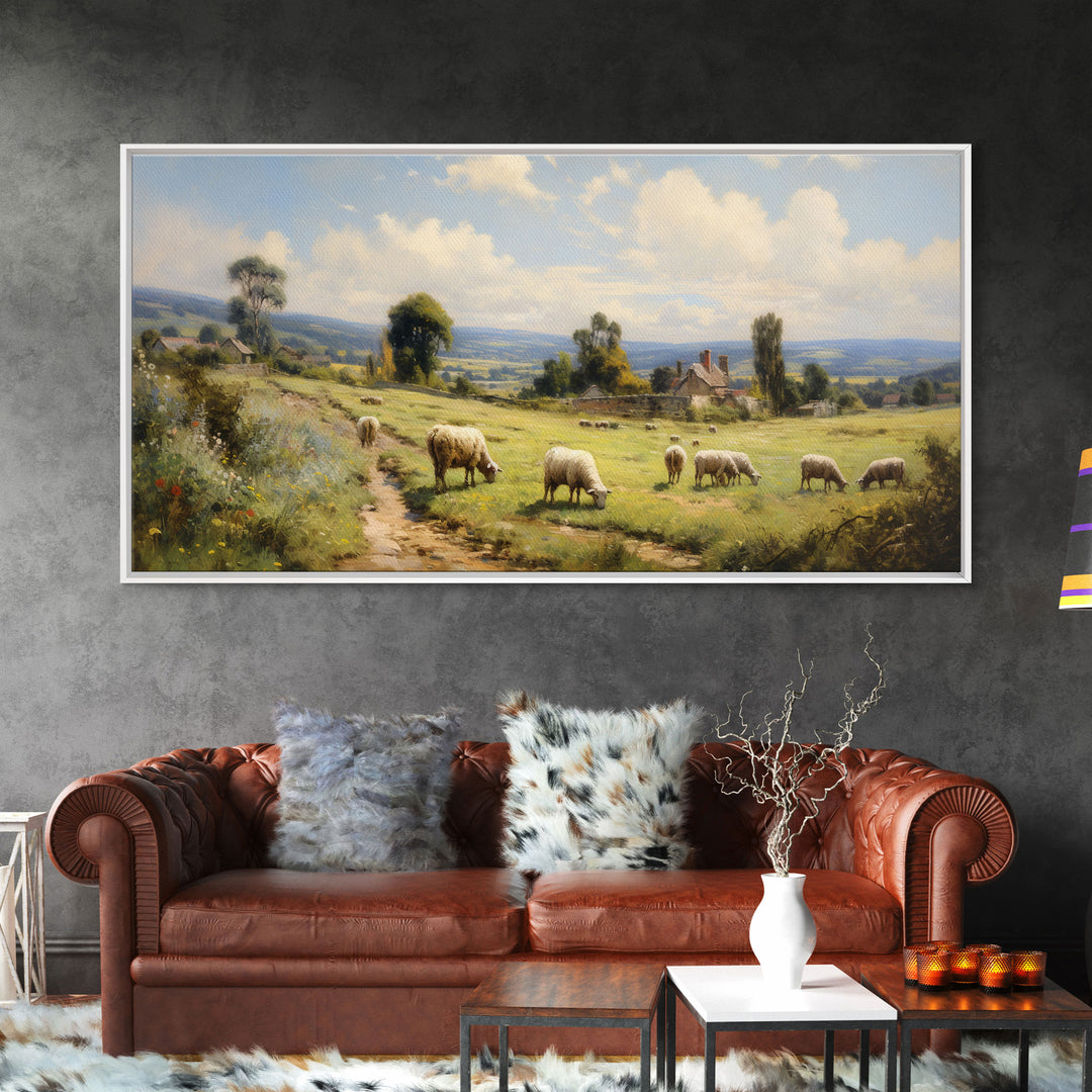 Countryside Painting, Sheep Wall Art, Farm Animals, Farm Art, Panoramic Art, Wall Art, Canvas Art, Landscape Art, Farmhouse Wall Art