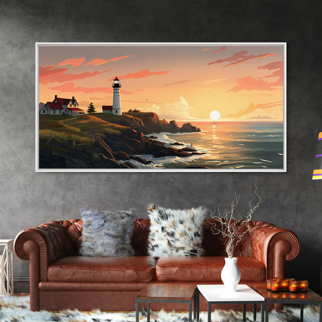 Lighthouse Painting, Nautical Wall Art, Sunset Wall Print, Panoramic Art, Wall Art, Canvas Art, Landscape Art, Above Couch Wall Art, Prints