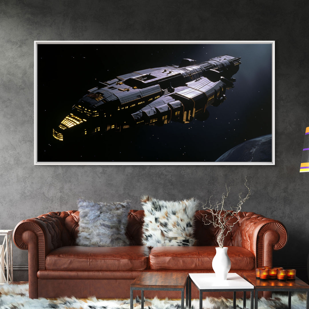 The Frigate, Cool Scifi Wall Art, Scifi Art, Framed Canvas Print, Gull Wing Space Ship, Unique Art, Alien Wall Art