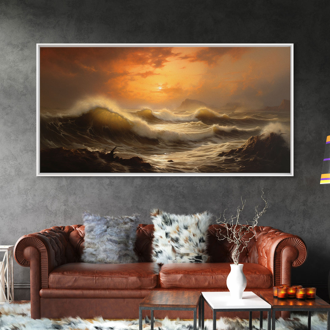 The Angry Sea, Framed Canvas Print, Oil Painting Reproduction, Ocean Art, Beautiful Sunset Over The Ocean Wall Art, Contemporary Art