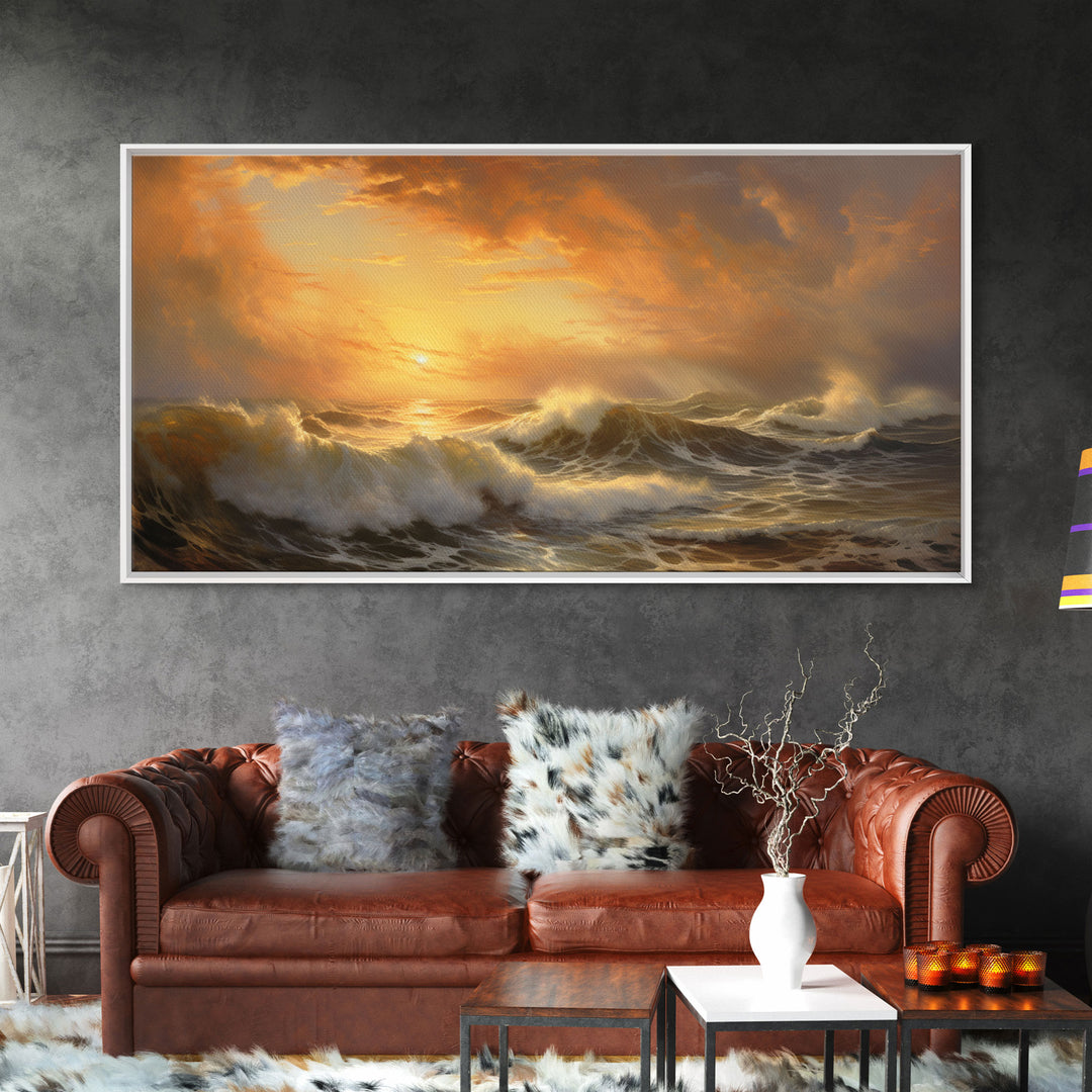 The Angry Ocean, Framed Canvas Print, Oil Painting Reproduction, Ocean Art, Beautiful Sunset Over The Ocean Wall Art, Contemporary Art