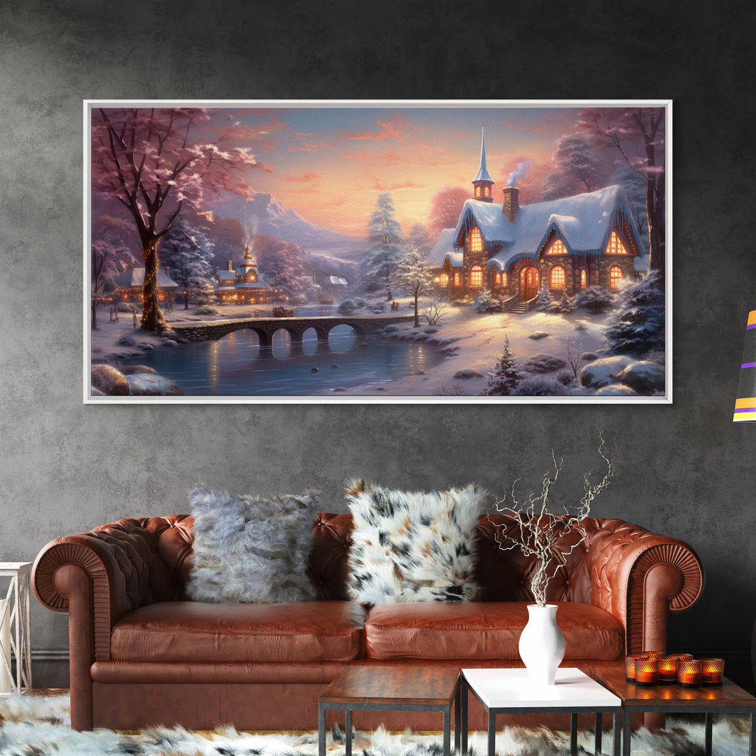 Winter Art, Framed Canvas Print, Cute Whimsical Victorian Village In Winter Painting, Home Decor, Contemporary Modern Art