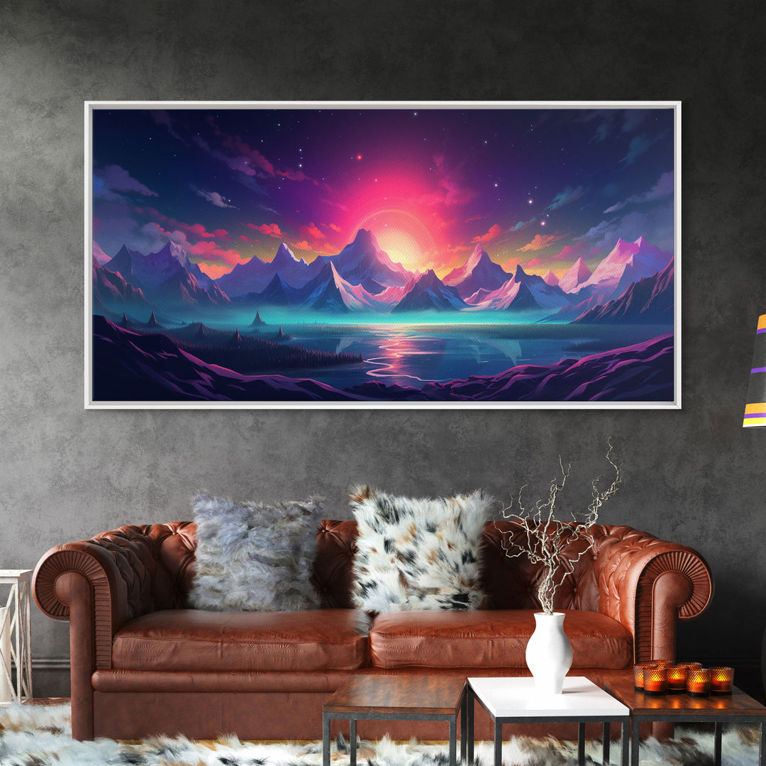 Synthwave Art, Framed Canvas Print, Beautiful Scifi Mountains Wall Art, Alien Planet, Game Room Decor, Gamer Gift For Him