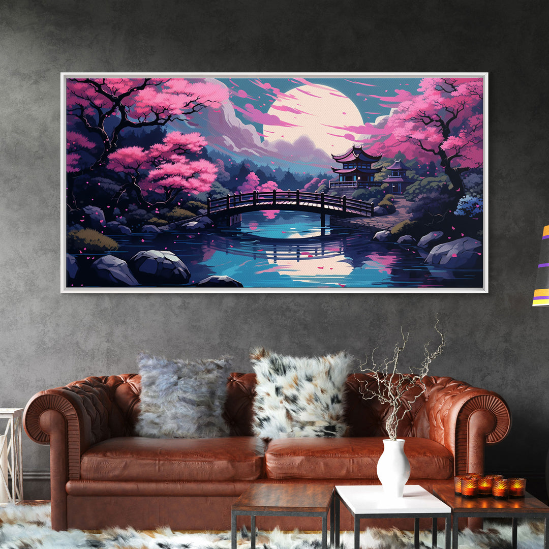 Japanese Art- Wabi Sabi Style Japanese Synthwave Pagoda, Game Room Art, Framed Canvas Print, Framed Art, Framed Painting, Retro Aesthetic