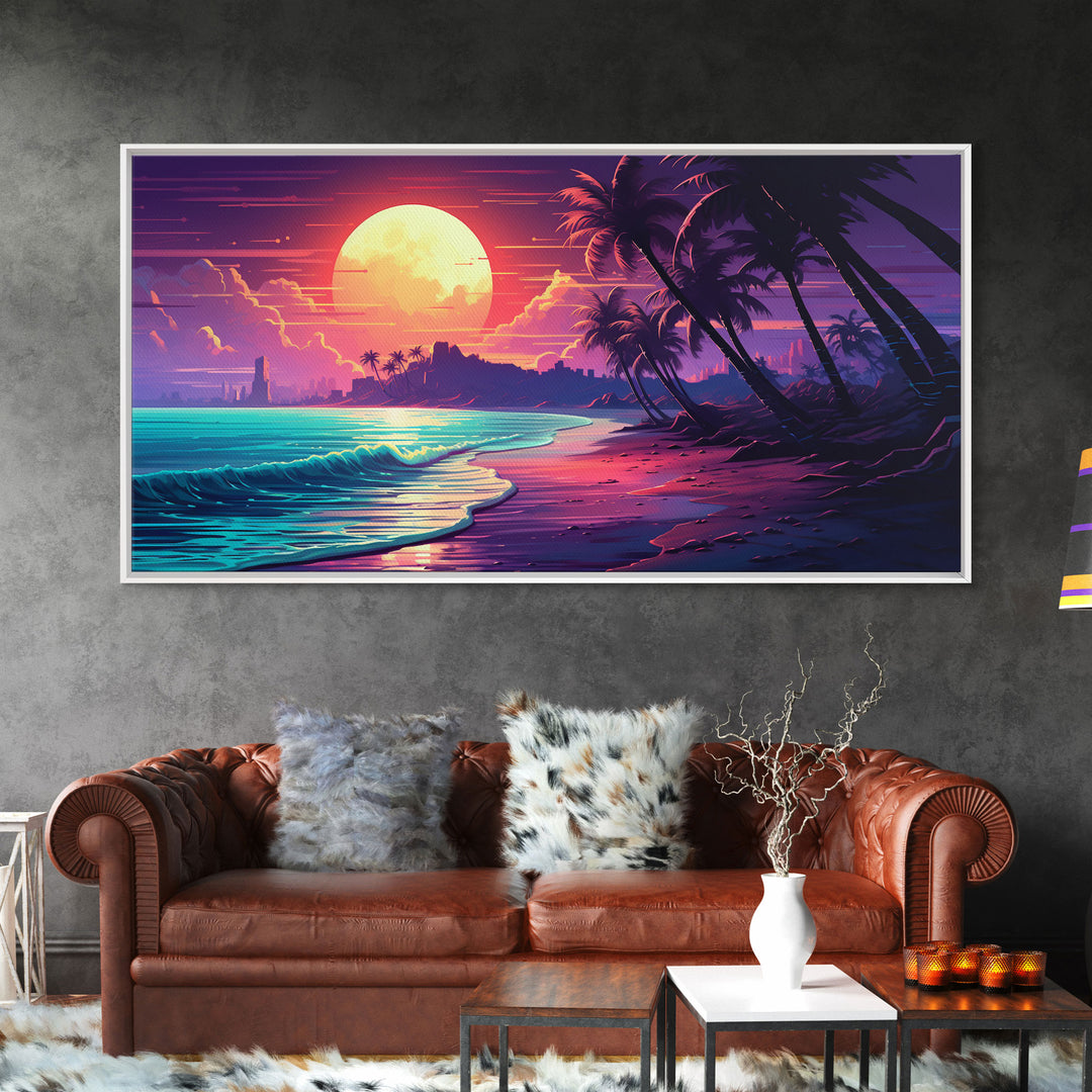 Outrun Vibes, Sunset Over The City and Beach, Palm Tree Decor, Game Room Art, Aesthetic Posters, Retro Art, 80s Vibes, 80s Art