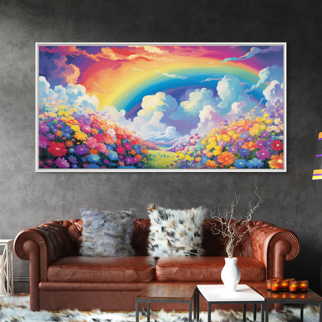 Rainbow Wall Decor, Spring Meadow Print, Wildflower Meadow, Panoramic Art, Wall Art, Canvas Art, Landscape Art, Nursery Wall Art, Kids Art