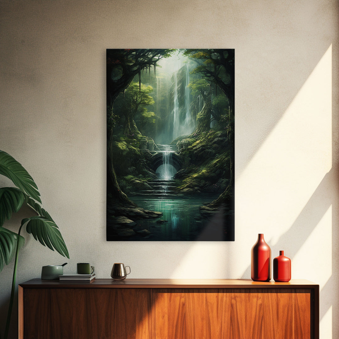 Enchanter Forest, Waterfalls Wall Art, Fantasy Artwork, Canvas Print, Wall Art, Vertical Print, Video Game Art, College Dorm Decor