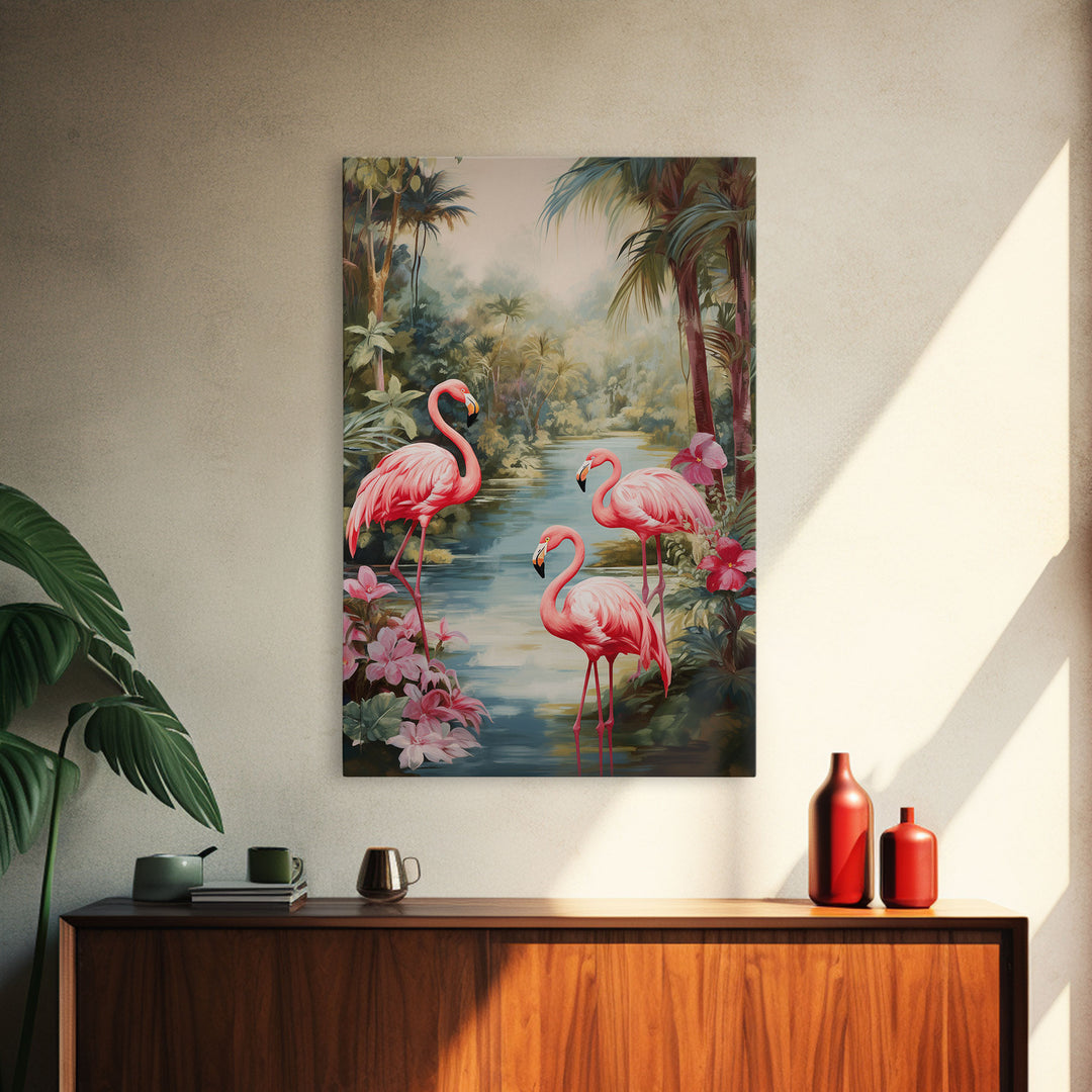 Flamingo Art Print, Tropical Wall Art, Palm Trees, Canvas Print, Wall Art, Vertical Print, Modern House Art, Gift For Boss, Bedroom Prints