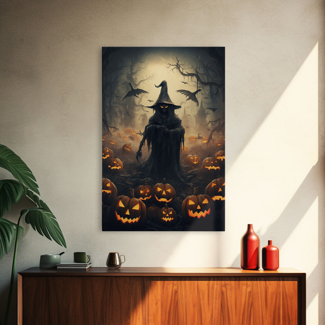 The Scarecrow and the Jack O Lantern Field, Framed Canvas Print, Halloween Canvas, Spooky Decor, Cottagecore Spooky Art