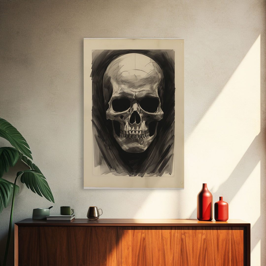 The Death Mask, Charcoal Sketch, Framed Canvas Print, Halloween Decor, Halloween Wall Art, Skull Portrait, Oddities, Witchy Decor