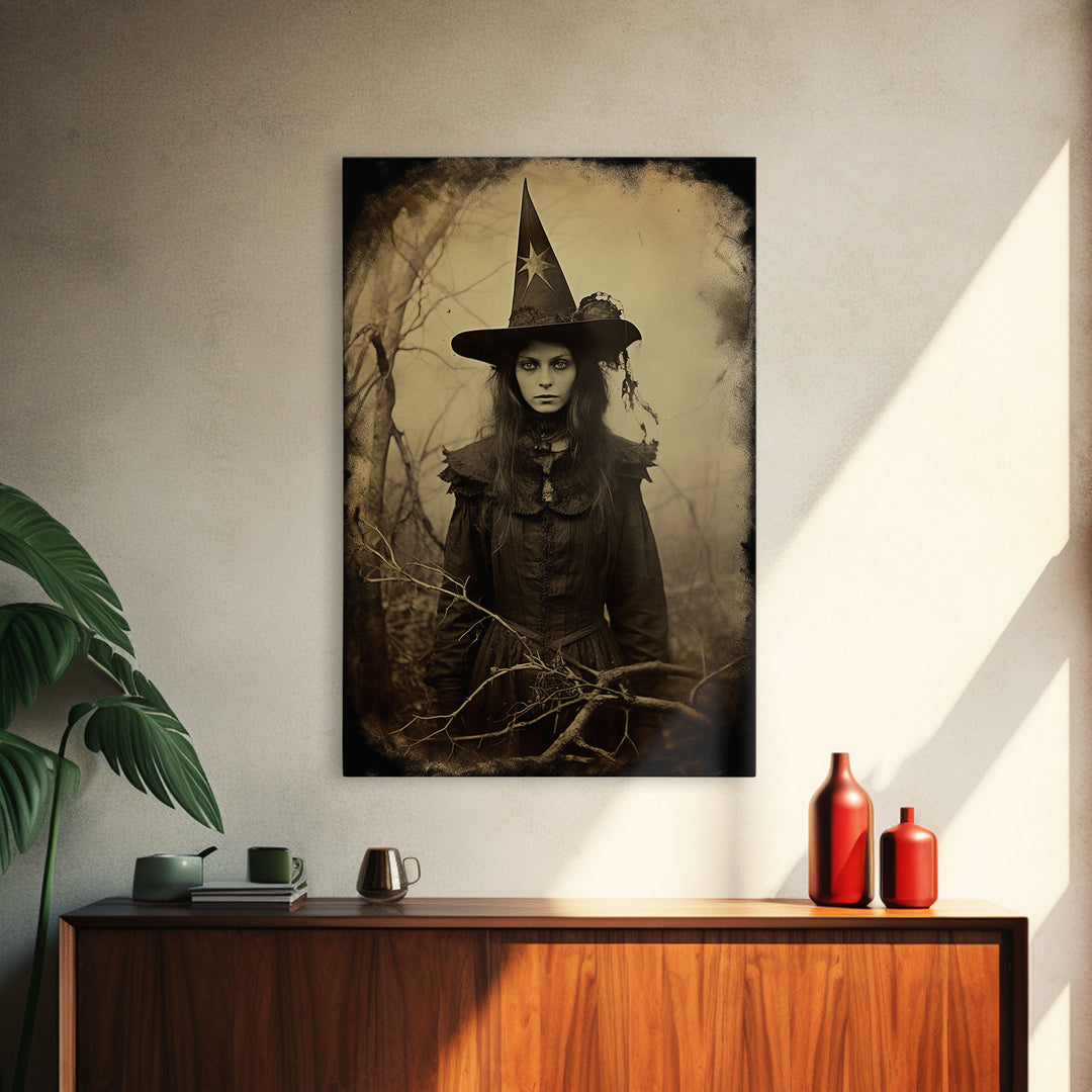 Witchy Art, Portrait of a Victorian Witch, Daguerreotype, Framed Canvas Print, Halloween Wall Art, Halloween Canvas, Fall Decor