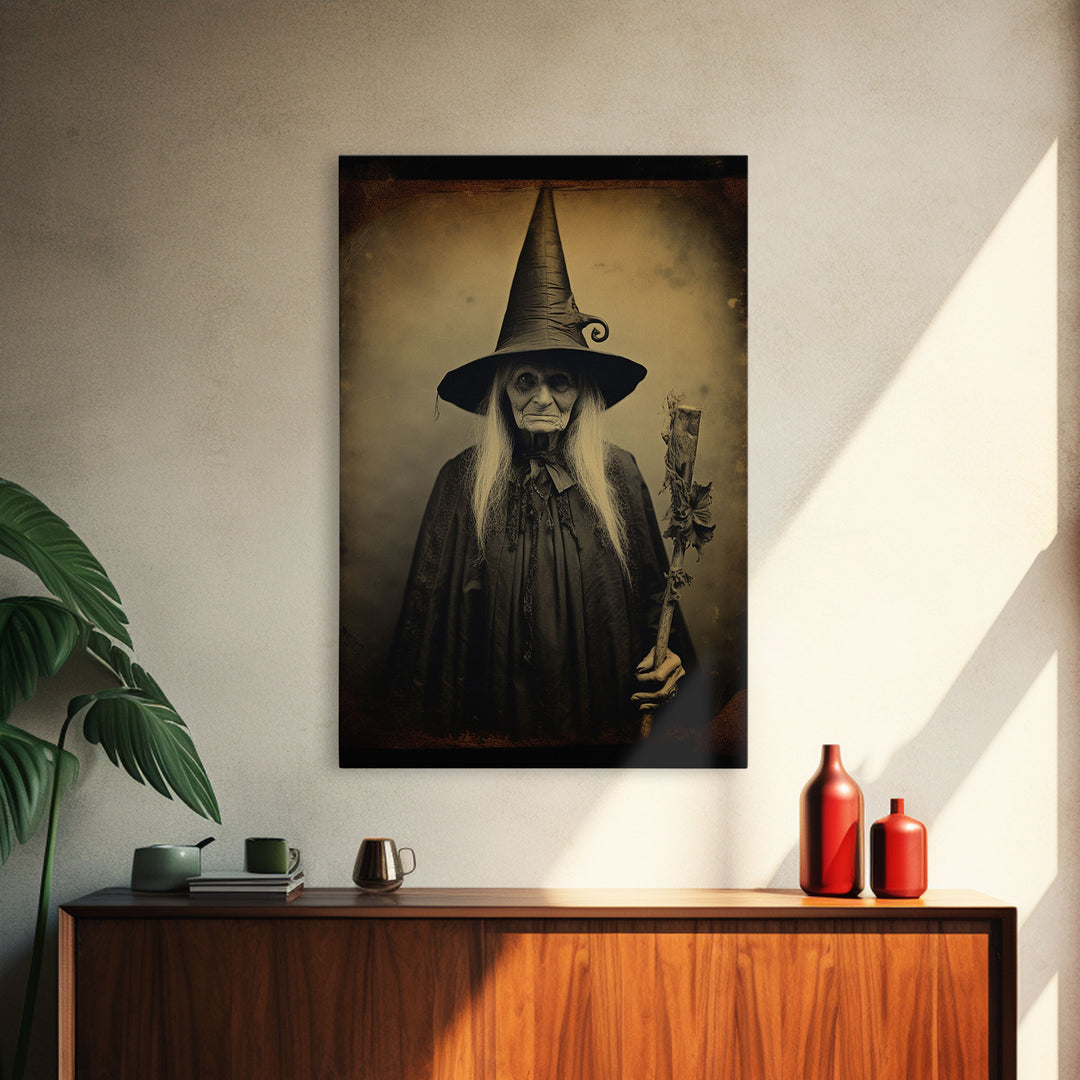 The Old Witch Portrait, Witchy Art, Portrait of a Victorian Witch, Daguerreotype, Framed Canvas Print, Halloween Wall Art, Halloween Canvas