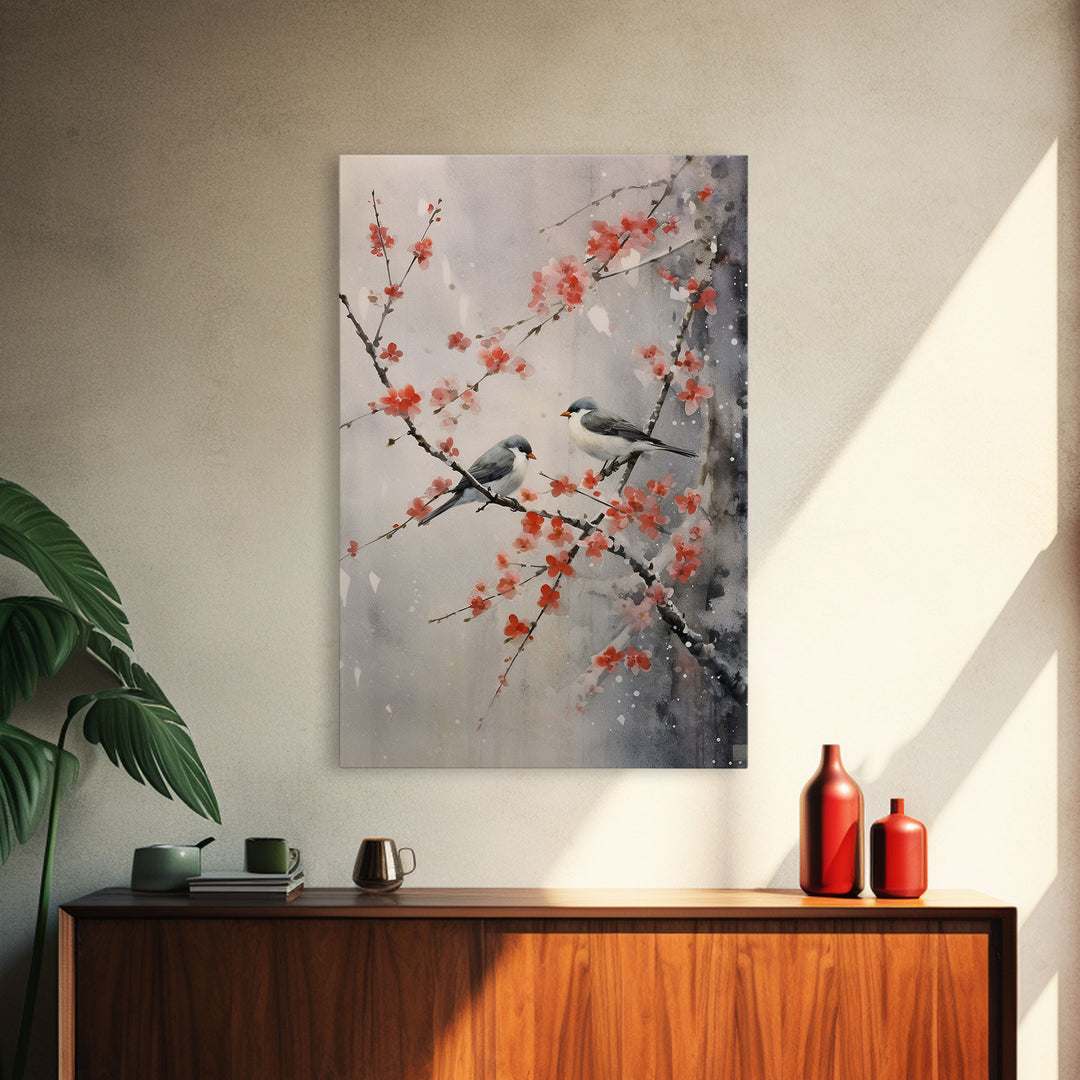 Cherry Blossom Tree, Japanese Wall Print, Bird Wall Art,  Asian Art, Canvas Print, Wall Art, Vertical Print, Country Home Decor, Office Art