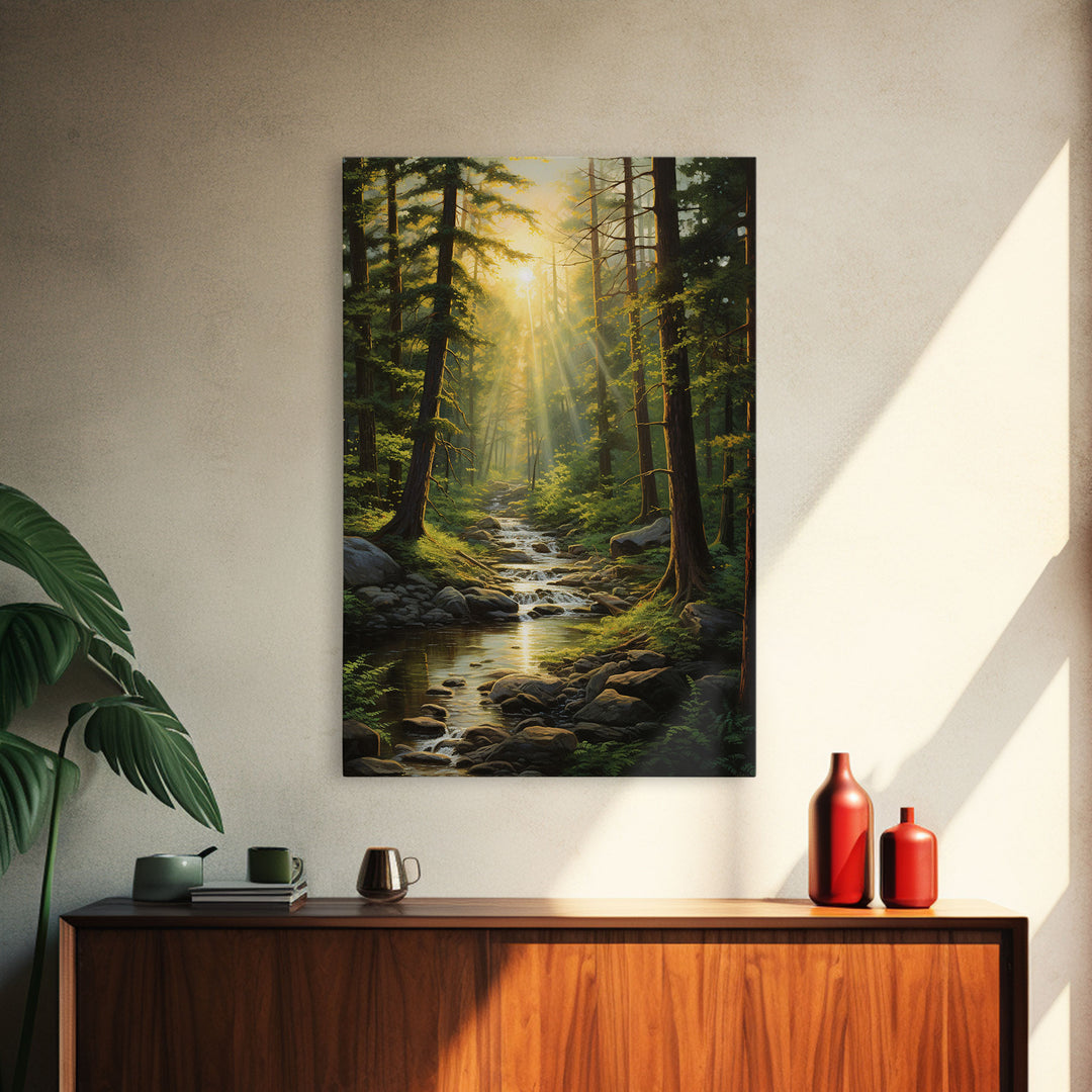 Trees Art Print, Forest Sunset Wall Art, Stream Wall Print, Canvas Print, Wall Art, Vertical Art, Anniversary Gift, Family Home Decor