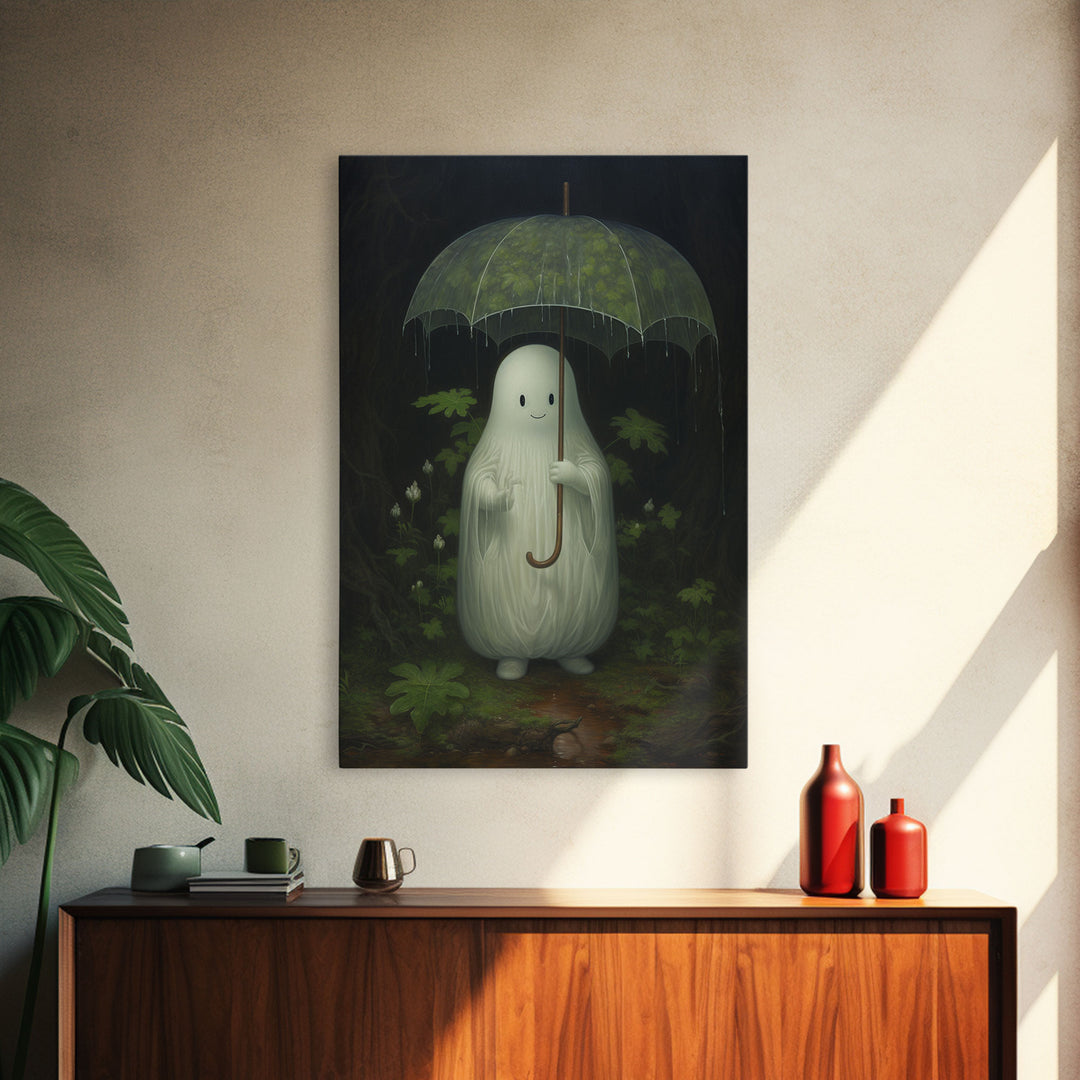 Ghost Holding an Umbrella In The Rain, Vintage Halloween Canvas Print, Framed Canvas, Halloween Wall Art, Dark Academia, Spooky Haunted