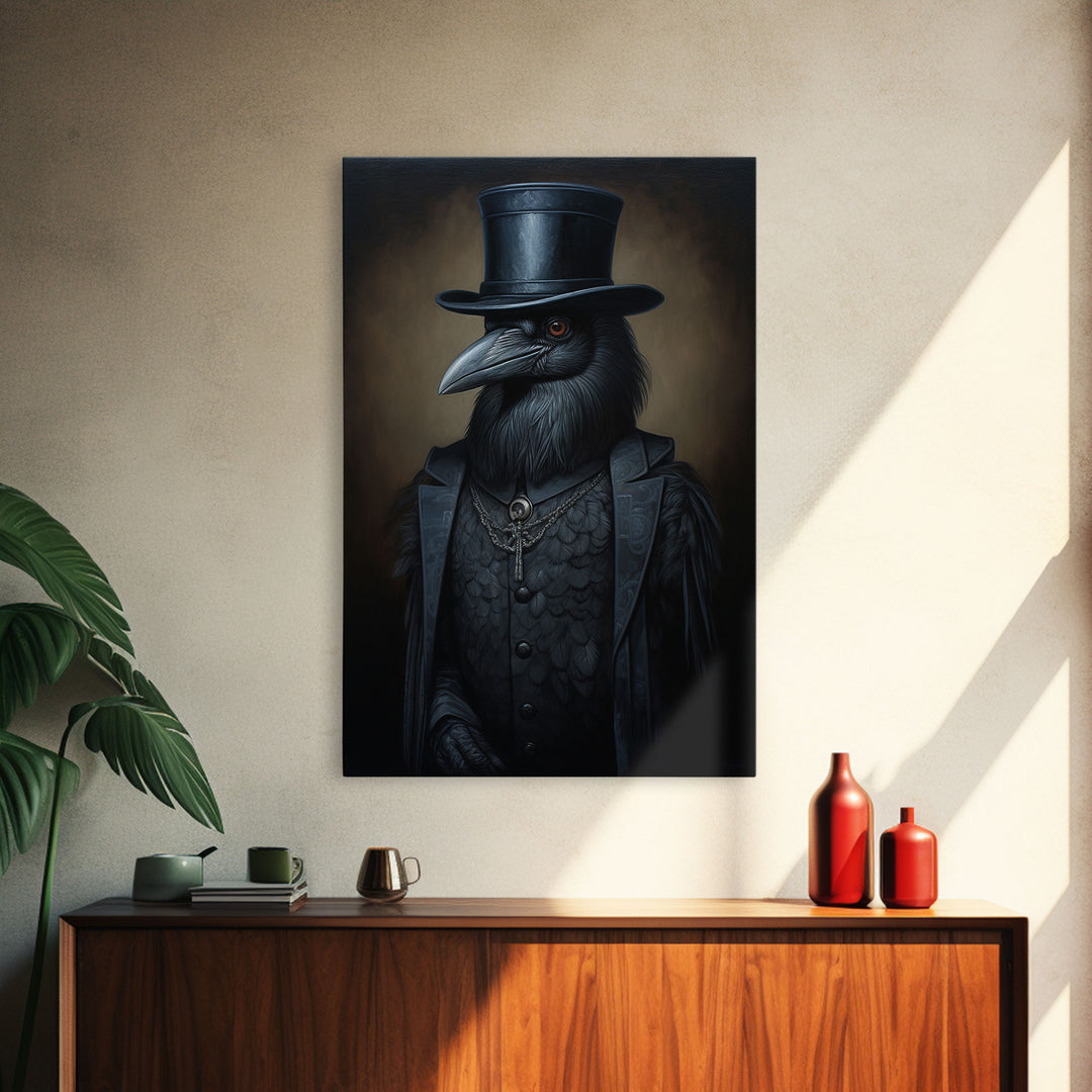 Gothic Raven Vintage Canvas, Art Canvas Print, Framed Canvas, Home Decor, Victorian Crow, Funny Halloween Art, Dark Academia Portrait