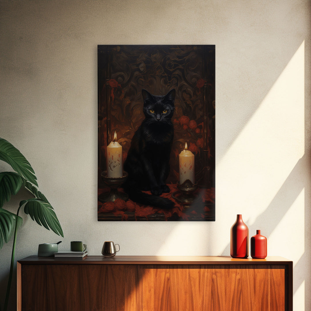 The Witch's Familiar, Black Cat Art, Halloween Retro Canvas / Canvas Print, Goth Wall Art, Goth Portrait Art, Goth Art 5x7