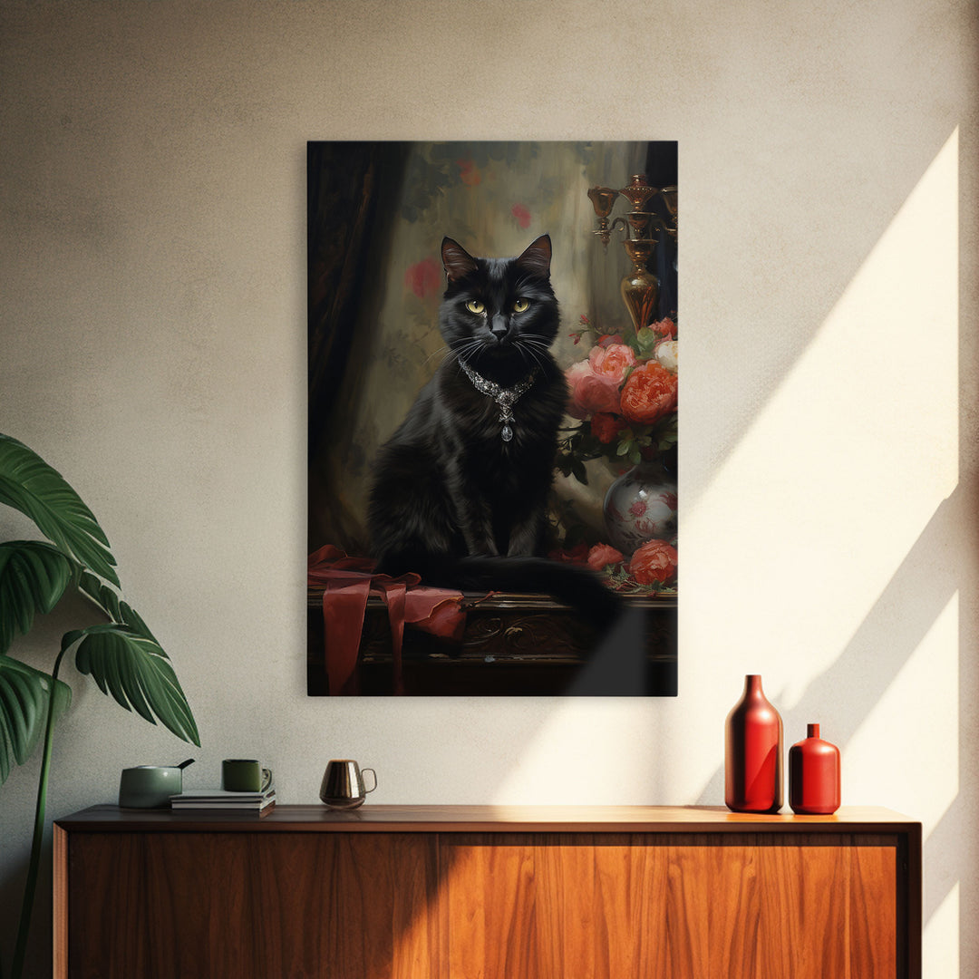 The Witch's Familiar, Black Cat Art, Halloween Retro Canvas / Canvas Print, Goth Wall Art, Goth Portrait Art, Goth Art 5x7