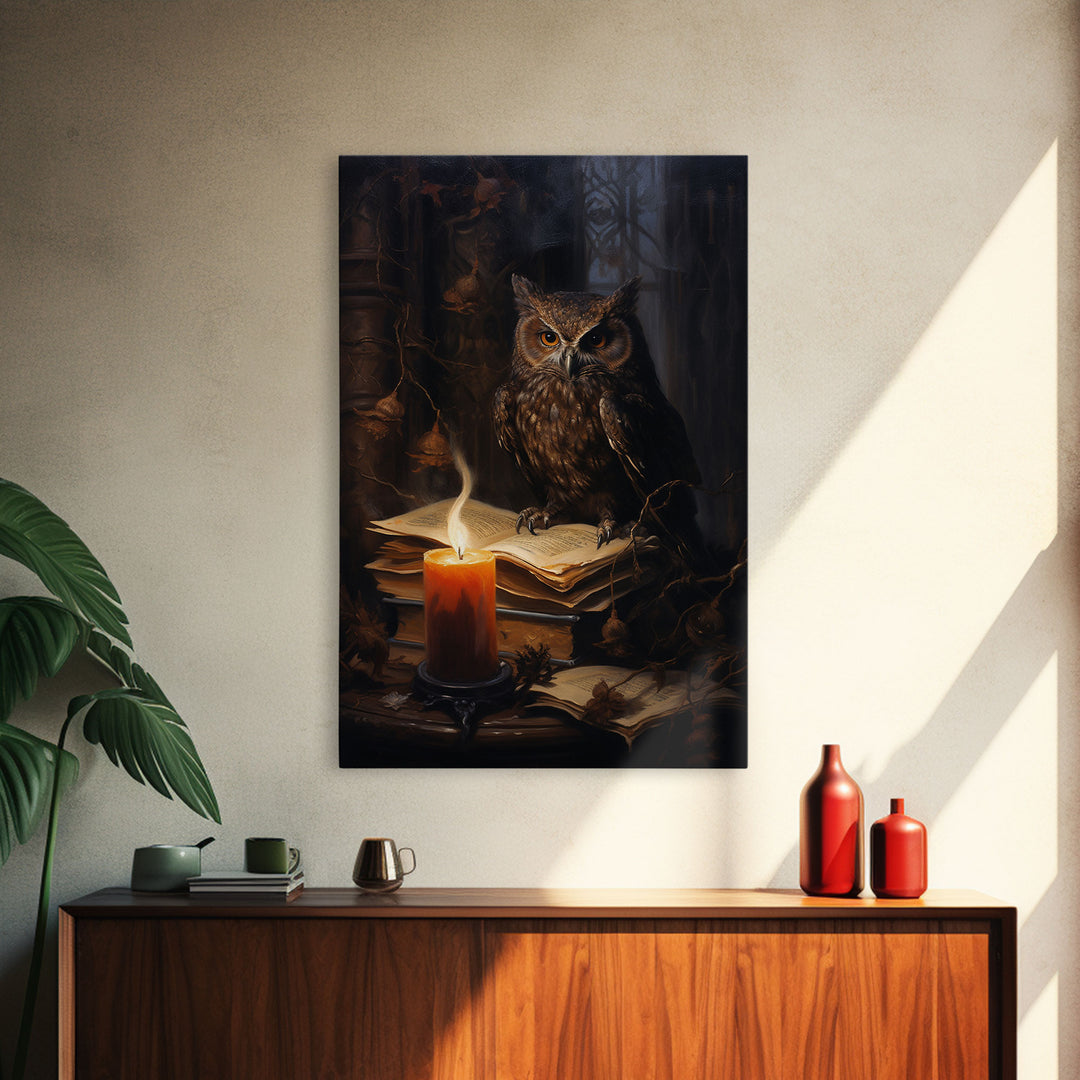 The Witch's Familiar, Framed Canvas Print, Halloween Decor, Halloween Canvas Art, Victorian Owl Oil Painting