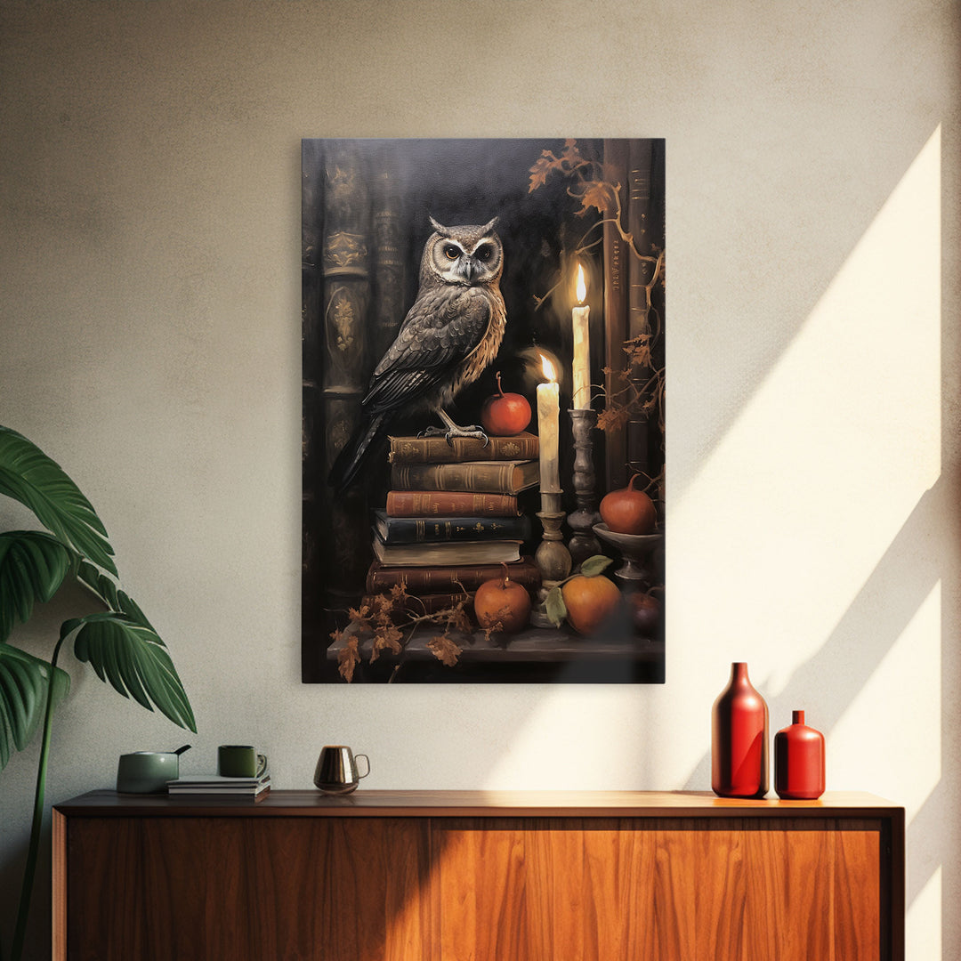 Halloween Owl Print, The Witch's Familiar, Framed Canvas Print, Halloween Decor, Halloween Canvas Art, Victorian Owl Oil Painting