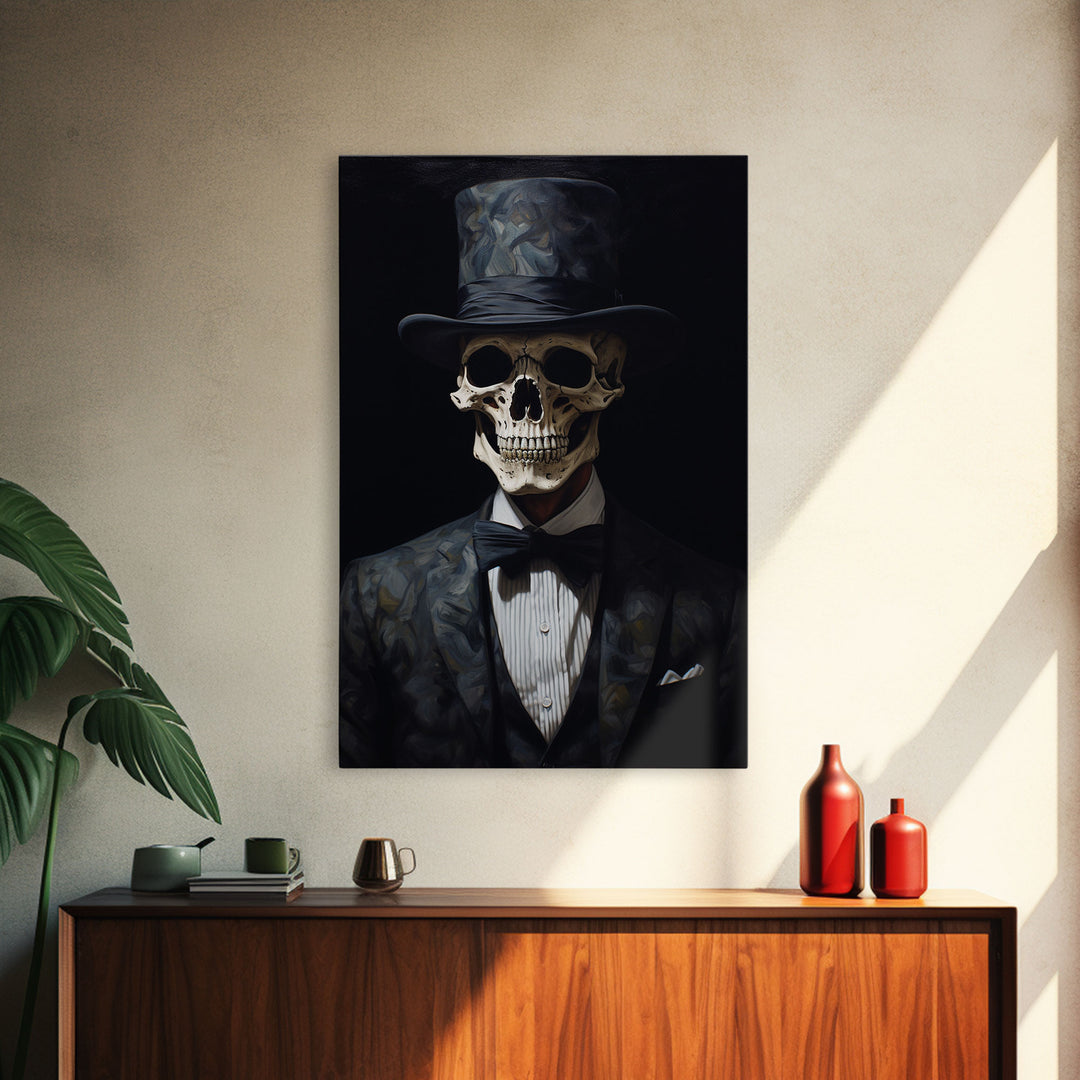 Skeleton In A Bowler Hat, Renaissance Skeleton, Framed Canvas Print, Gothic Halloween Decor, 1920s Style Art Deco Horror Art