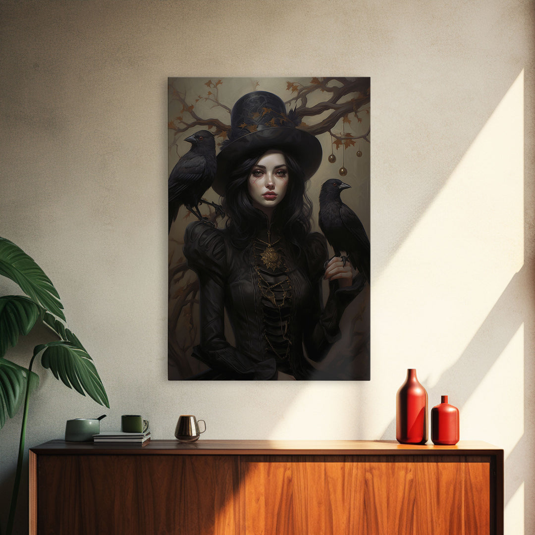 The Witch and Her Ravens, Framed Canvas, Oil Painting Print, Halloween Decor, Gothic Art, Dark Academia, Witchcraft Halloween Art