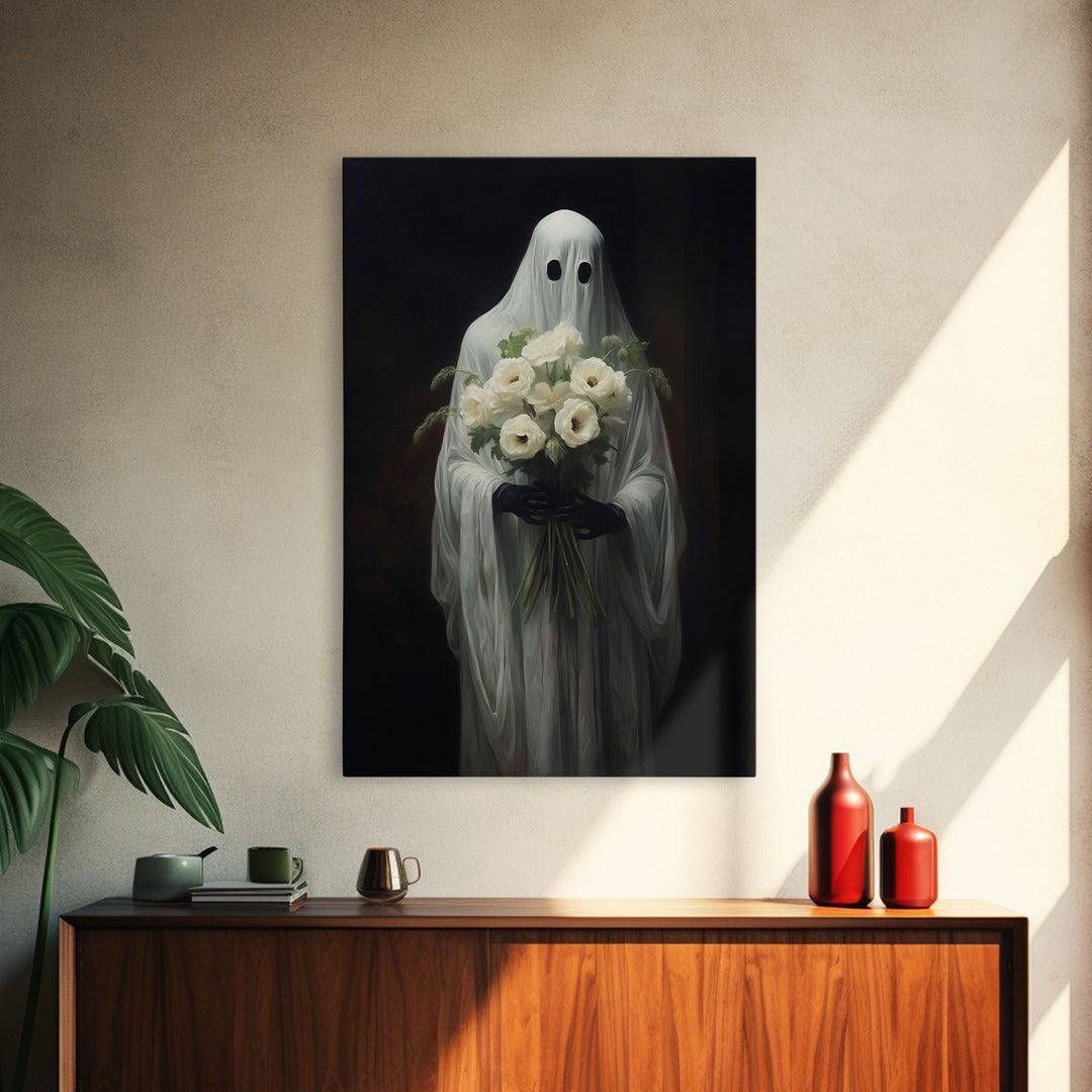 The Ghost With The Flowers, Halloween Canvas Print, Framed Canvas, Unique Wall Art, Goth Art, Dark Academia, Witch Art, Witchcraft