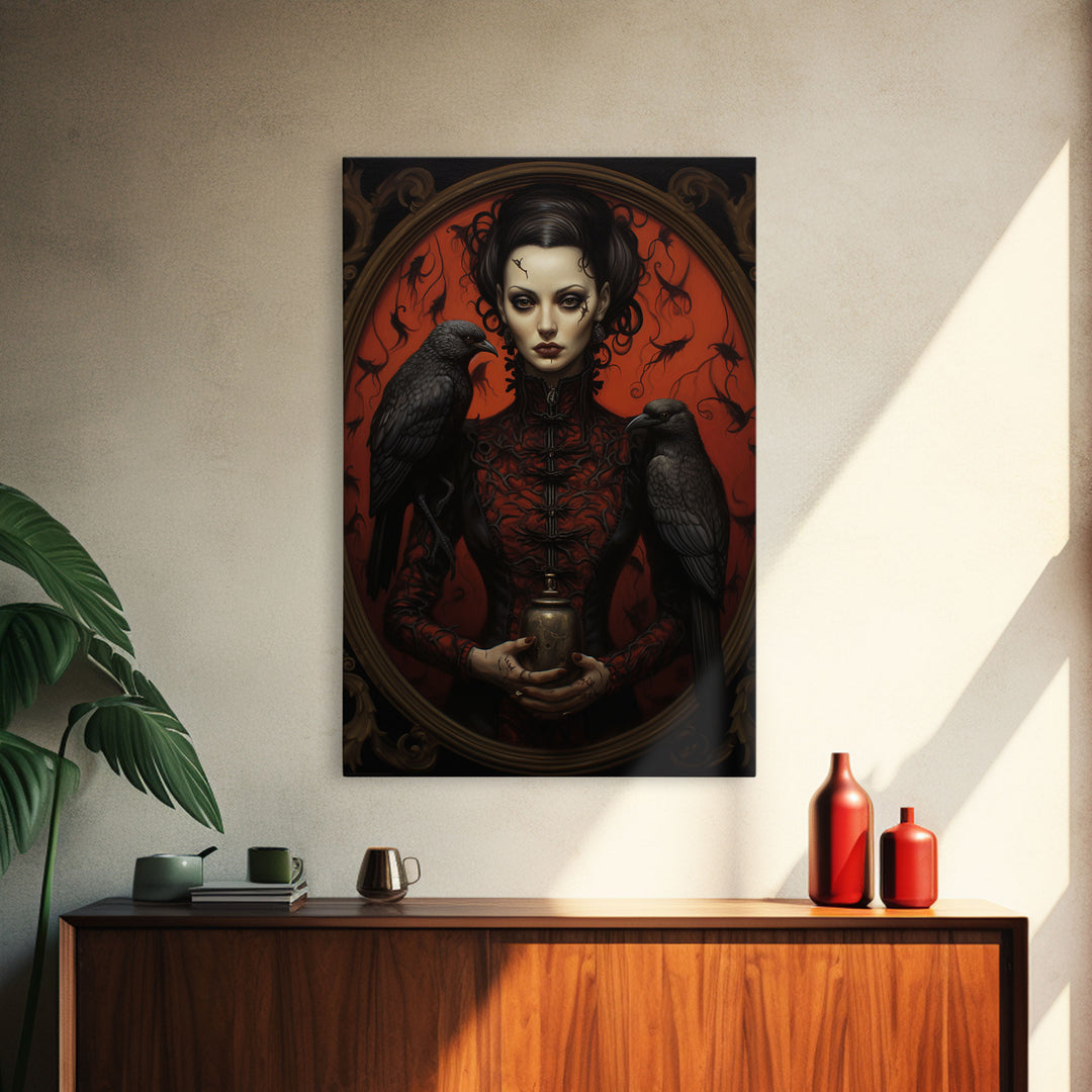 The Witch and Her Crows, Framed Canvas, Oil Painting Print, Halloween Decor, Gothic Art, Dark Academia, Witchcraft Halloween Art, Raven Art