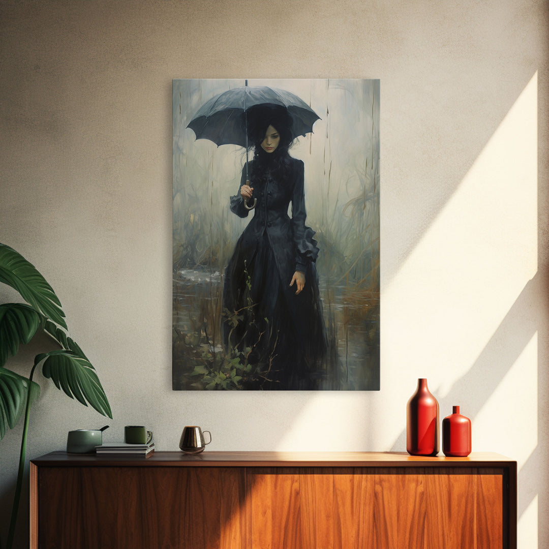 Victorian Witch In The Rain, Halloween Decor, Framed Canvas Print, Halloween Poster Art, Victorian Oil Painting, Goth Decor