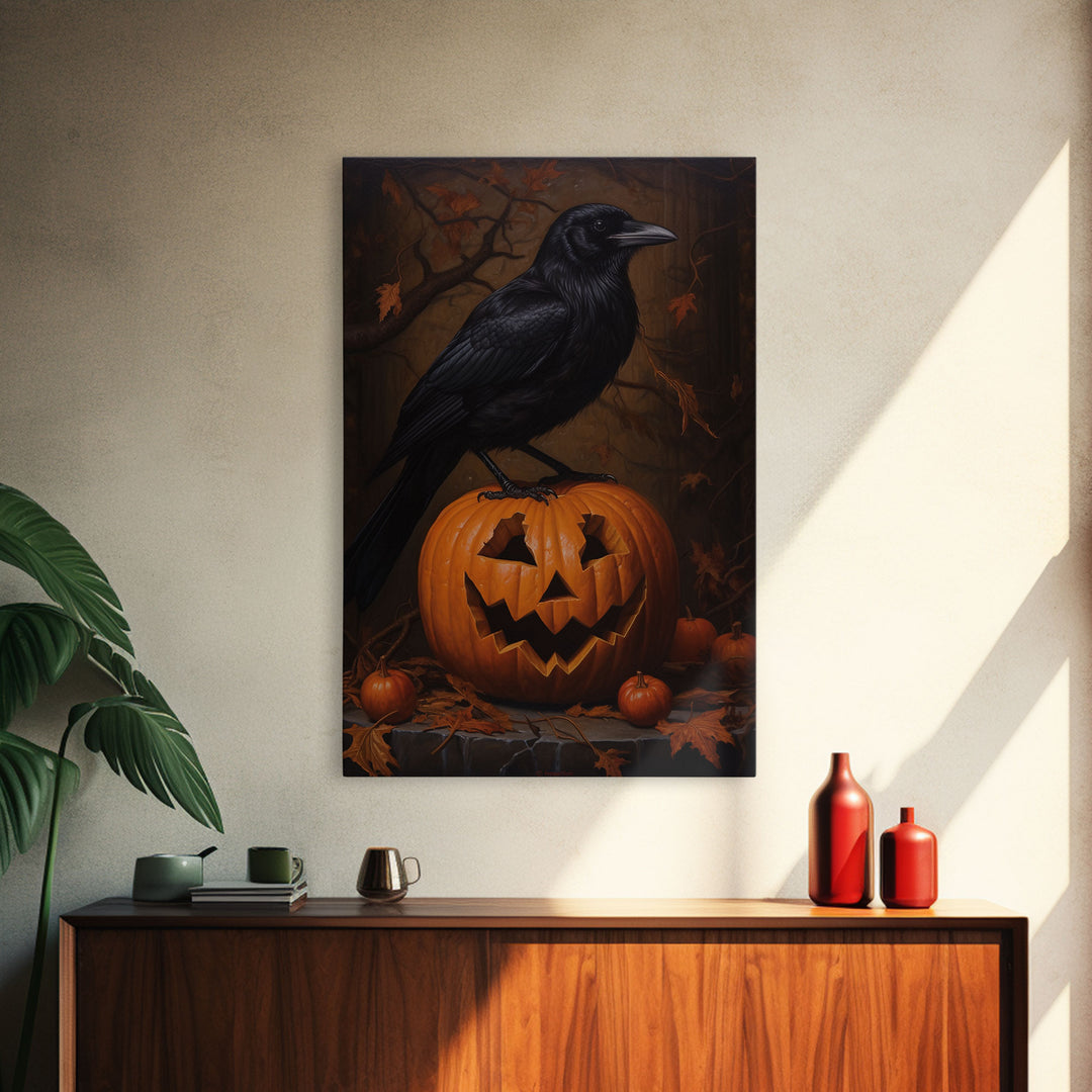 Crow Atop A Jack O Lantern, Framed Canvas Print, Halloween Decor, Raven Painting, Victorian Oil Painting Print, Macabre Horror Print