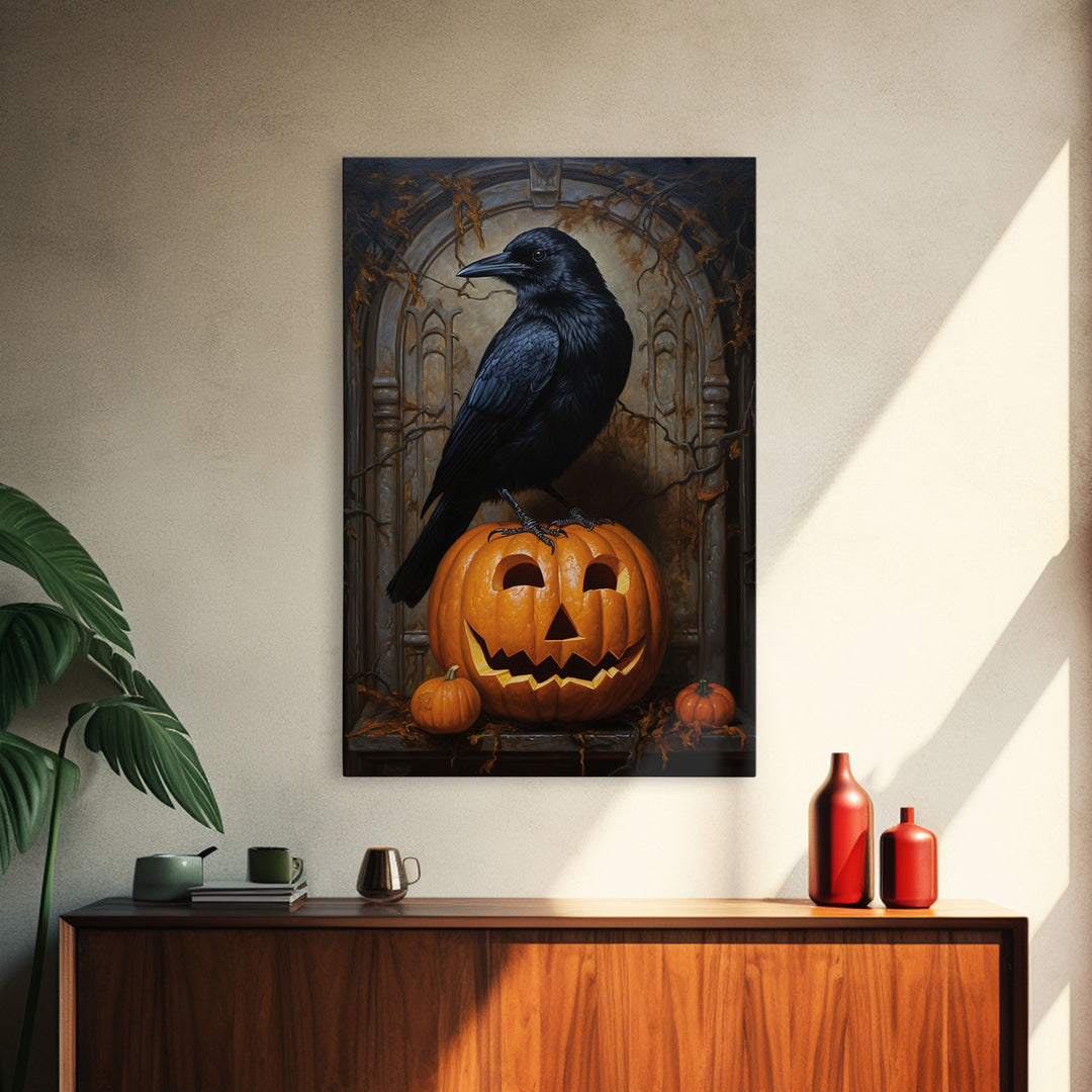 Macabre Crow Atop A Jack O Lantern, Framed Canvas Print, Halloween Decor, Raven Painting, Victorian Oil Painting Print, Macabre Horror Print