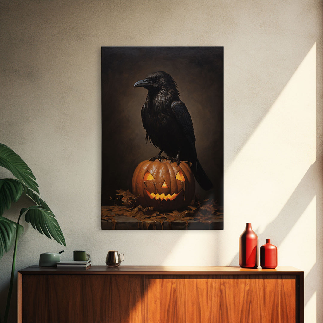 The Raven, Halloween Canvas Print / Framed Canvas, Victorian Gothic Oil Painting Print, Crow Decor, Macabre Horror Prints