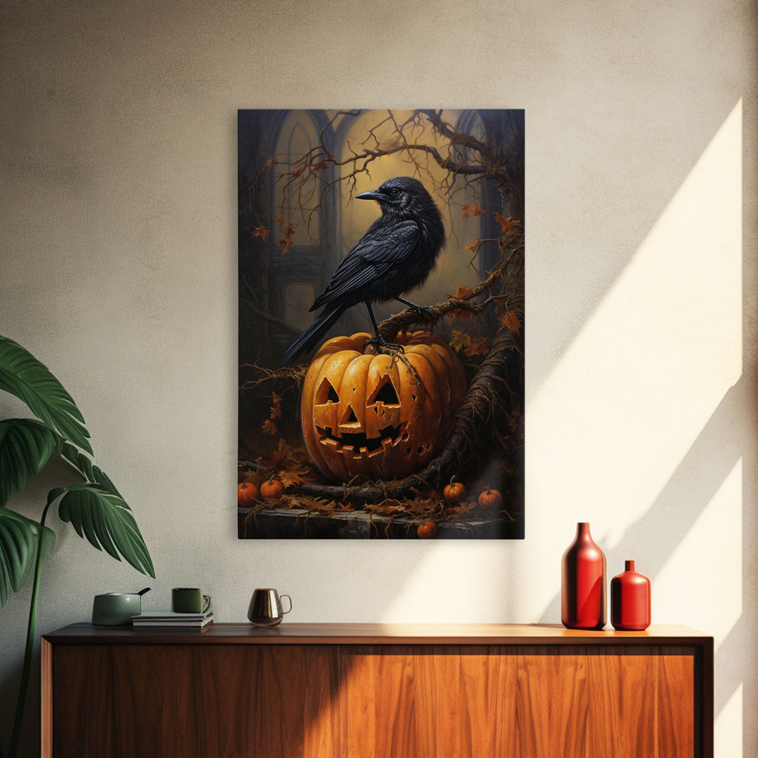 Raven Atop A Jack O Lantern, Framed Canvas Print, Halloween Decor, Raven Painting, Victorian Oil Painting Print, Macabre Horror, Witch Art