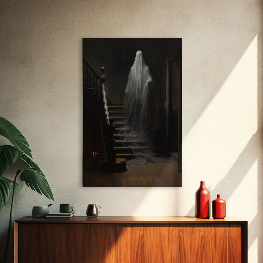 The Ghost On The Stairs, Macabre Halloween Decor, Halloween Poster / Canvas Print, Framed Wall Art, Dark Academia Goth Art